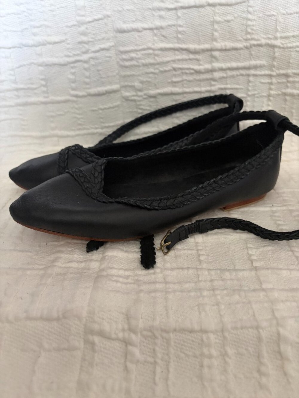 Bali Elf NWOT Braided Ankle Tie Pointed Flats in Black -Sz 7